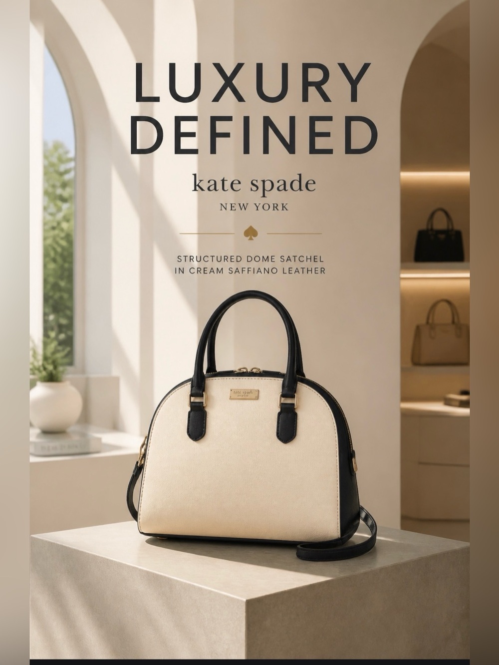 kate spade Cream and Black Dome Satchel with Gold Hardware EUC